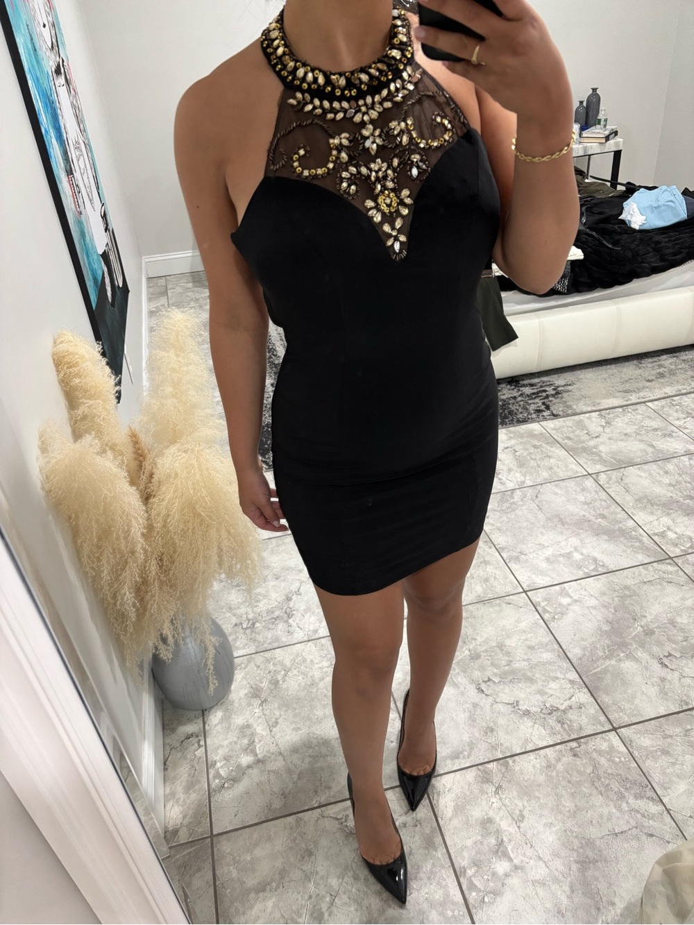 B. Darlin Juniors Black Beaded Halter Bodycon Dress